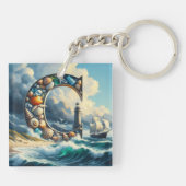 Ocean Seashore Vuurtoren Zeilboot Monogram C Sleutelhanger (Achterkant)