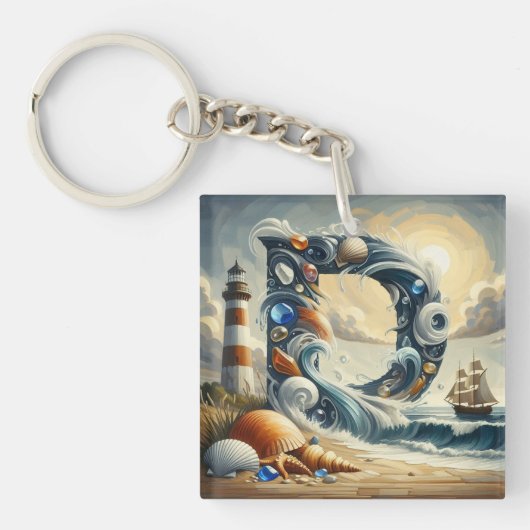 Ocean Seashore Vuurtoren Zeilboot Monogram D Sleutelhanger (Voorkant)