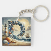 Ocean Seashore Vuurtoren Zeilboot Monogram D Sleutelhanger (Achterkant)