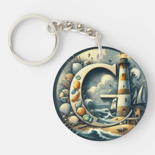 Ocean Seashore Vuurtoren Zeilboot Monogram G Sleutelhanger (Voorkant)