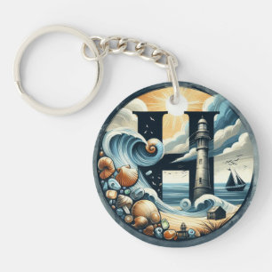 Ocean Seashore Vuurtoren Zeilboot Monogram H Sleutelhanger
