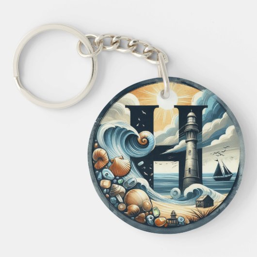 Ocean Seashore Vuurtoren Zeilboot Monogram H Sleutelhanger (Voorkant)