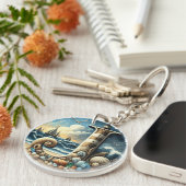 Ocean Seashore Vuurtoren Zeilboot Monogram J Sleutelhanger (Voorkant Rechts)