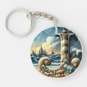 Ocean Seashore Vuurtoren Zeilboot Monogram J Sleutelhanger