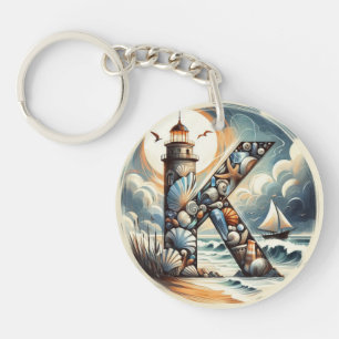 Ocean Seashore Vuurtoren Zeilboot Monogram K Sleutelhanger