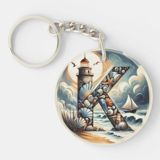 Ocean Seashore Vuurtoren Zeilboot Monogram K Sleutelhanger (Voorkant)