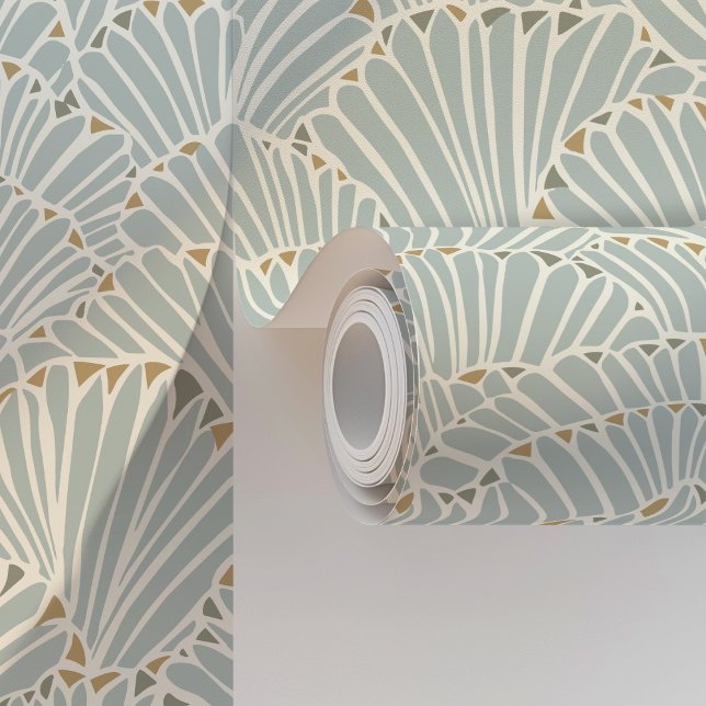 Ocean Shell Fan Art Deco in Zacht Blauw & Goud Behang (Creator heeft geüpload)