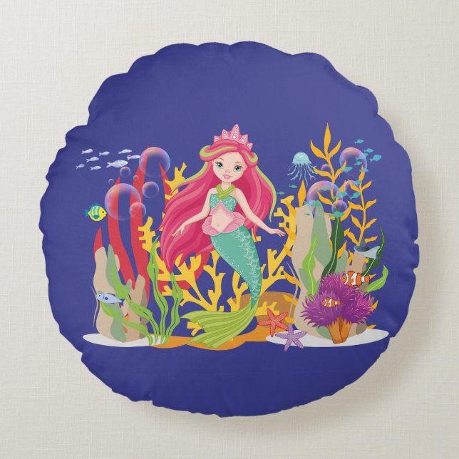 Ocean Siren: lang rood haar Rond Kussen (Voorkant)