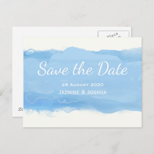 Ocean Sky blue waterverf save the date Aankondigingskaart (Voorkant / Achterkant)