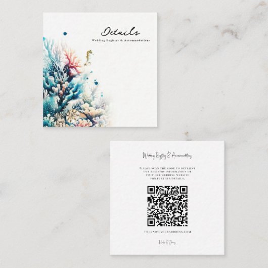 Ocean Splash Koraal Waterverf Bruiloft Details Vierkante Visitekaartje (Voorkant / Achterkant)
