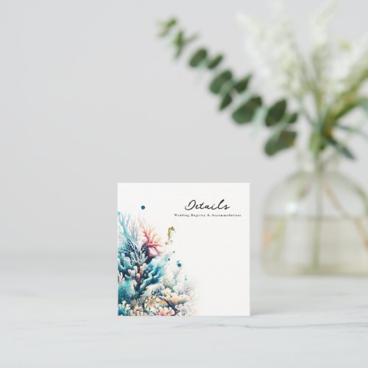 Ocean Splash Koraal Waterverf Bruiloft Details Vierkante Visitekaartje (Staand voorkant)
