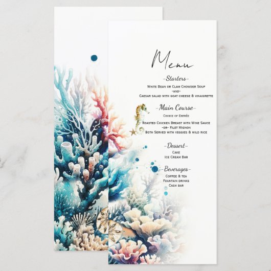 Ocean Splash Zee Coral Waterverf Wedding Menu (Voorkant / Achterkant)