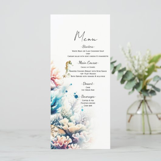 Ocean Splash Zee Coral Waterverf Wedding Menu (Staand voorkant)