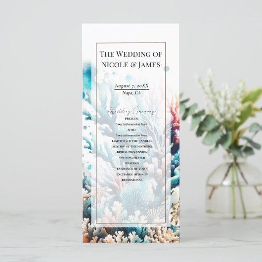 Ocean Splash Zee Coral Waterverf Wedding Program Programmakaart (Staand voorkant)