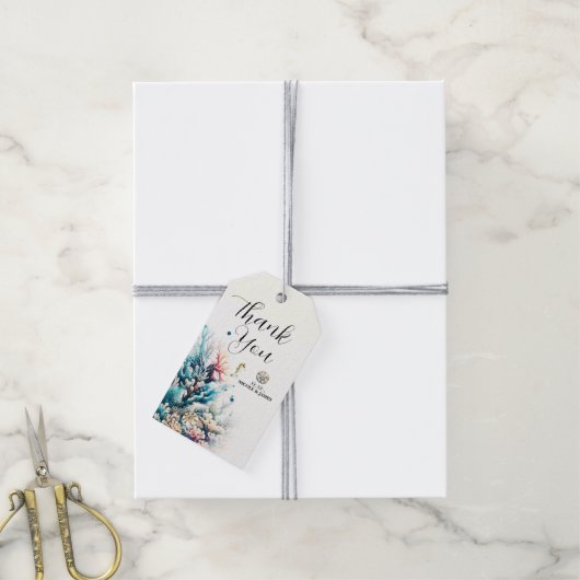 Ocean Splash Zee Koraal Waterverf Bruiloft Cadeaulabel (Met Touw)