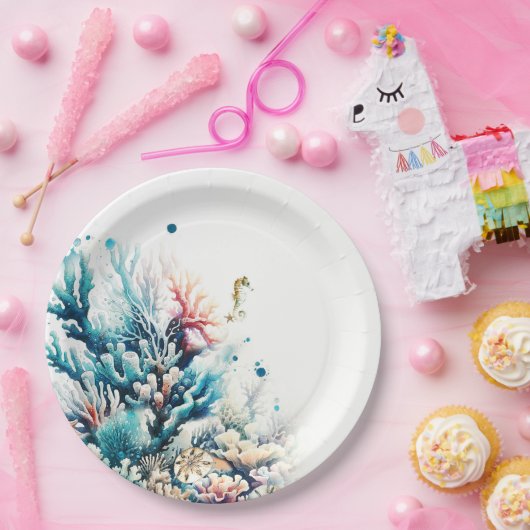 Ocean Splash Zee Koraal Waterverf Bruiloft Papieren Bordje (Feest)