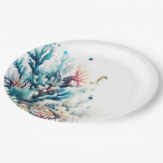 Ocean Splash Zee Koraal Waterverf Bruiloft Papieren Bordje (Gekanteld)
