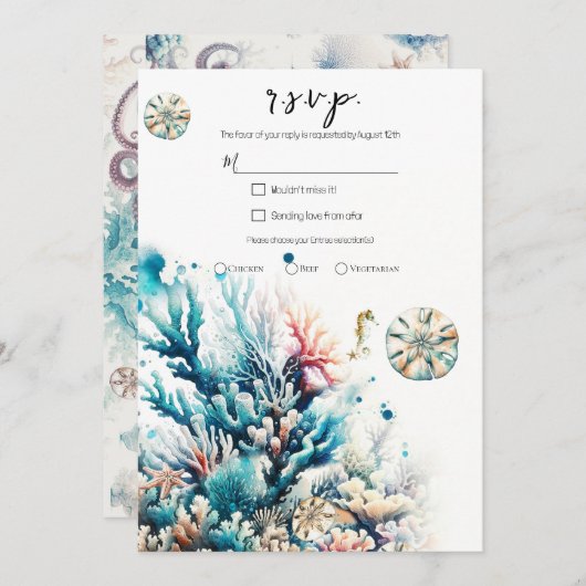 Ocean Splash Zee Koraal Waterverf Bruiloft RSVP Kaart (Voorkant / Achterkant)