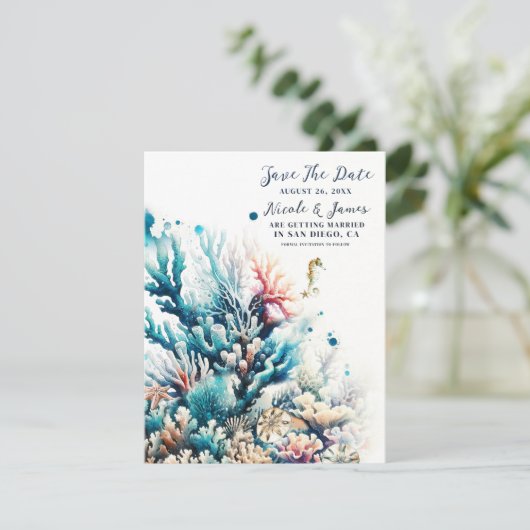 Ocean Splash Zee Koraal Waterverf Save the Date Kaart (Staand voorkant)