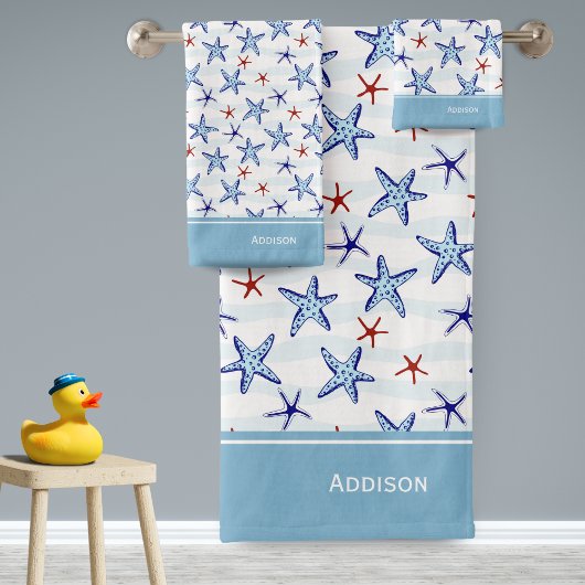 Ocean Starfish Patroon met Naam Blauw Bad Handdoek