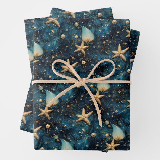 Ocean Starfish Patroon Wrapping Paper Set van 3 (In situ)