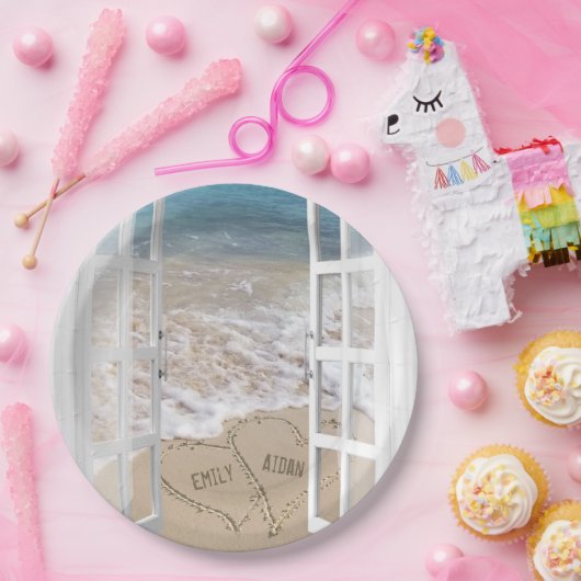 Ocean strand bruiloft harten in het raam papieren bordje (Feest)