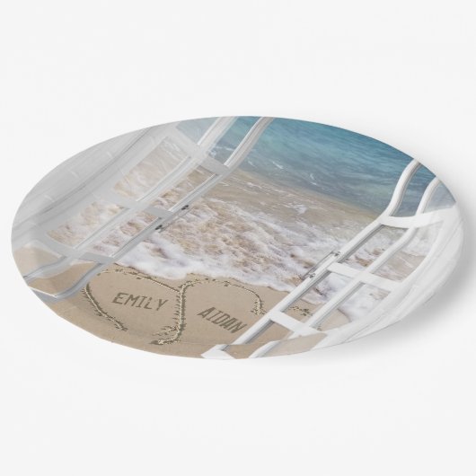 Ocean strand bruiloft harten in het raam papieren bordje (Gekanteld)
