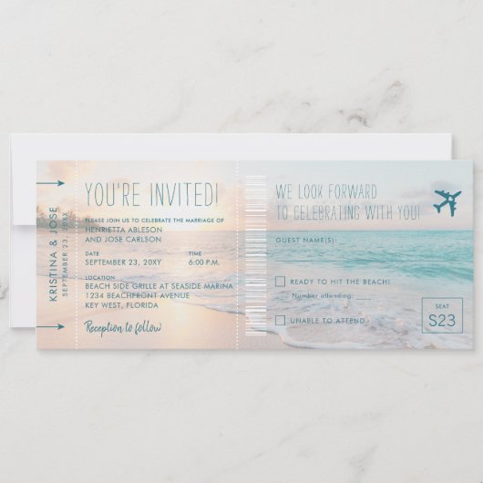 Ocean Sun Beach Bruiloft Uitnodiging met RSVP (Voorkant)