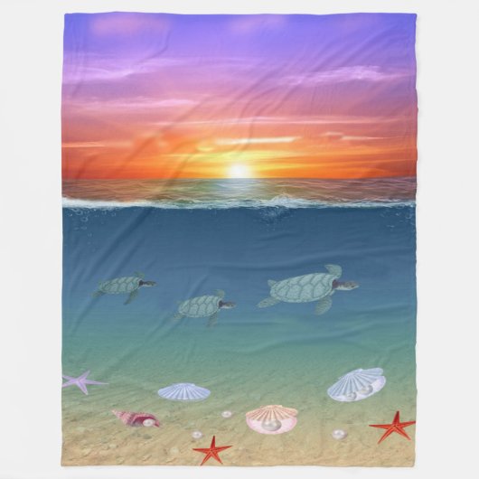 Ocean Sunrise en Swimming Zee Turtles Fleece Deken (Voorkant)