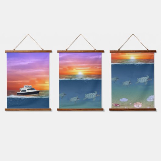 Ocean Sunrise, jacht, Zee Turtles en parels Hangend Wandkleed (Driedubbel)