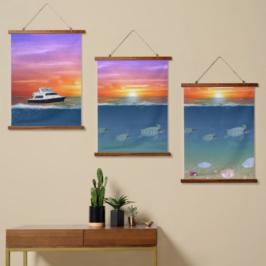 Ocean Sunrise, jacht, Zee Turtles en parels Hangend Wandkleed (Asymmetrisch)