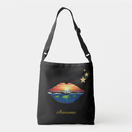 Ocean sunrise lips, sterren en kalligrafie op zwar crossbody tas (Achterkant)