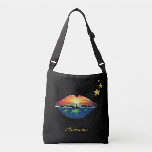 Ocean sunrise lips, sterren en kalligrafie op zwar crossbody tas (Voorkant)