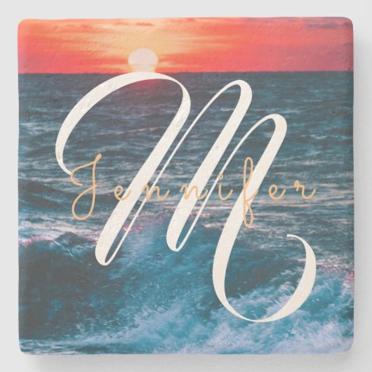 Ocean Sunrise Monogram Stenen Onderzetter (Voorkant)