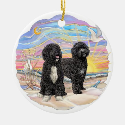 Ocean Sunrise - Twee Portugese waterhonden Keramisch Ornament (Voorkant)