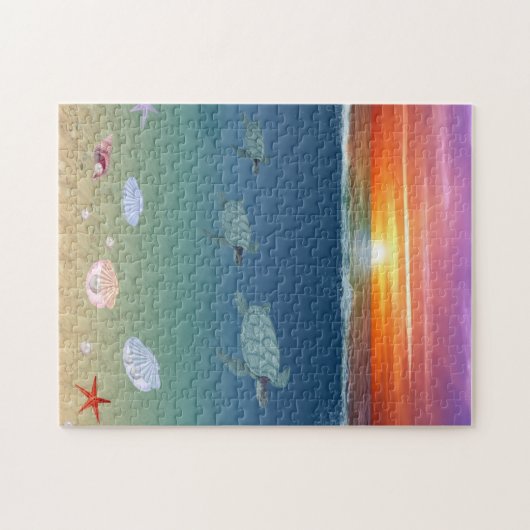 Ocean Sunrise, zee schildpadden, sterren, schelpen Legpuzzel (Horizontaal)