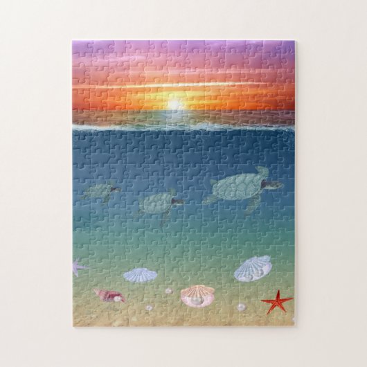 Ocean Sunrise, zee schildpadden, sterren, schelpen Legpuzzel (Verticaal)
