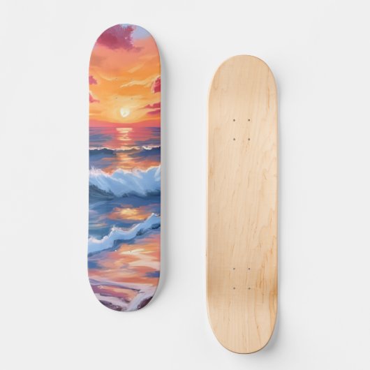 Ocean Sunset Beach Waves Watercolor Persoonlijk Skateboard (Voorkant)