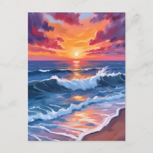 Ocean Sunset Beach Waves Waterverf Briefkaart (Voorkant)