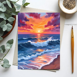 Ocean Sunset Beach Waves Waterverf Briefkaart