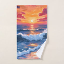 Ocean Sunset Beach Waves Waterverf Handdoek