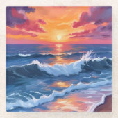 Ocean Sunset Beach Waves Waterverf Kaart Glazen Onderzetter (Voorkant)