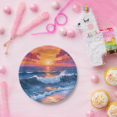 Ocean Sunset Beach Waves Waterverf Kaart Papieren Bordje (Feest)