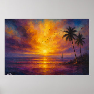 Ocean Sunset Escape - Vibrant Sky with Sailboat Poster