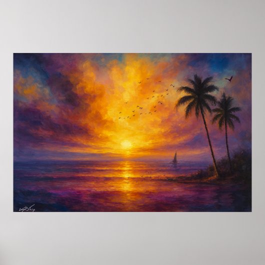 Ocean Sunset Escape - Vibrant Sky with Sailboat Poster (Voorkant)