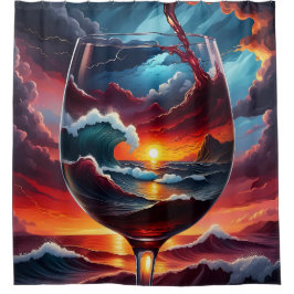 "Ocean Sunset in Wine Glass - Surreal Seascape Art Douchegordijn