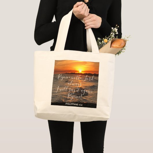 Ocean Sunset, met Scripture Verse Philippians 4:4 Grote Tote Bag (Voorkant (product))