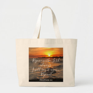 Ocean Sunset, met Scripture Verse Philippians 4:4 Grote Tote Bag