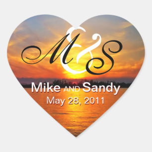 Ocean Sunset Monogram Bestemming Bruiloft Hart Sticker
