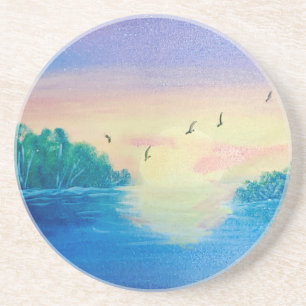 Ocean Sunset Originele olieverfschilderij op een O Zandsteen Onderzetter